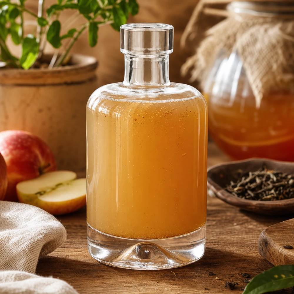 50ml glazen fles van Amelie gevuld met appelciderazijn naast appelschijfjes en kruiden toont gebruik voor azijn en vinaigrette