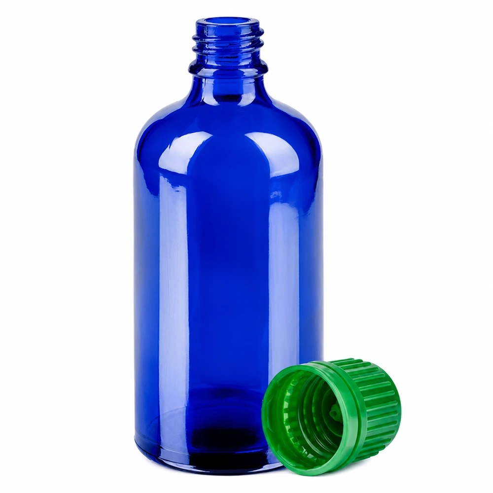 100ml fles 11mm SV groen OV BlueLine UT18/100 Blauwe laboratoriumfles met een inhoud van 100 ml en groene verzegelstop voor veilige opslag