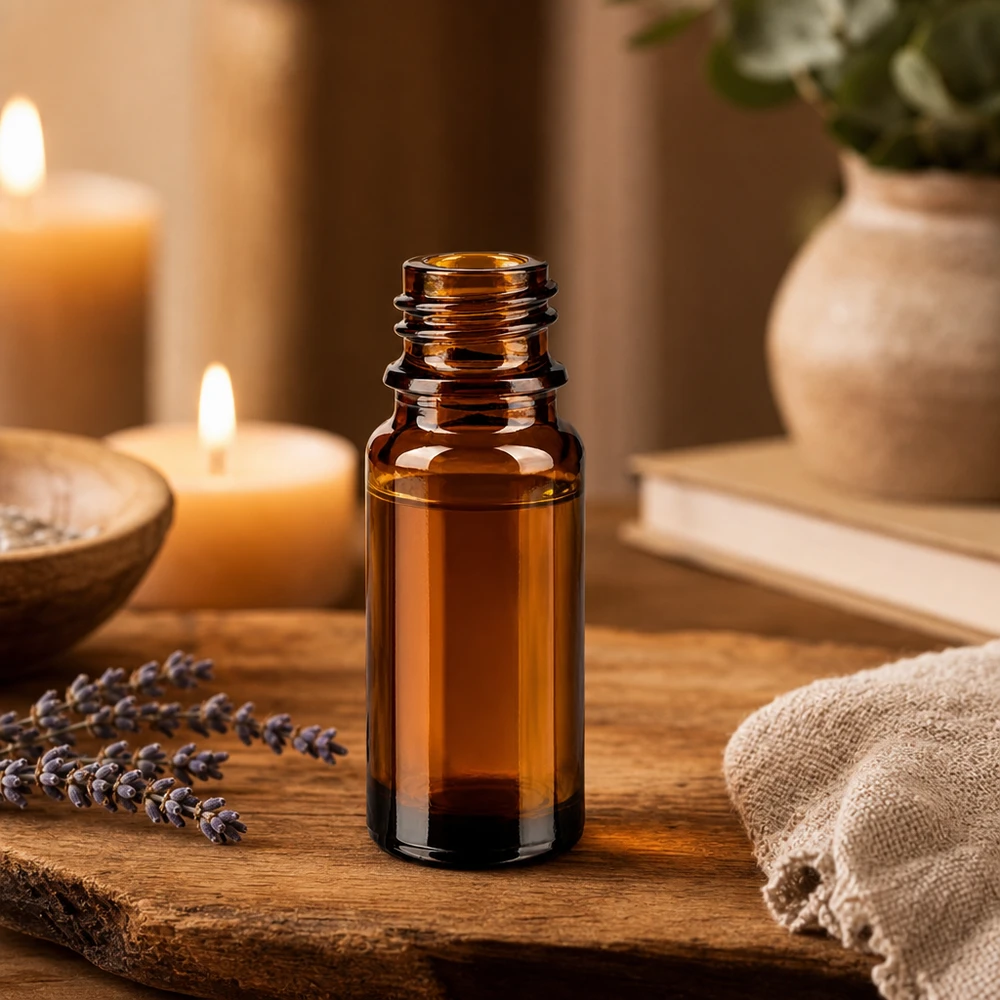 10ml bruin apothekersflesje ApoGlas met lavendelbloesem kaarsen en aromatherapie accessoires op houten dienblad