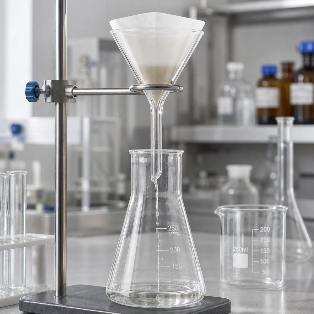 Transparante glazen trechter met een diameter van 45 mm en een hoek van 60 graden voor chemische laboratoriumtoepassingen