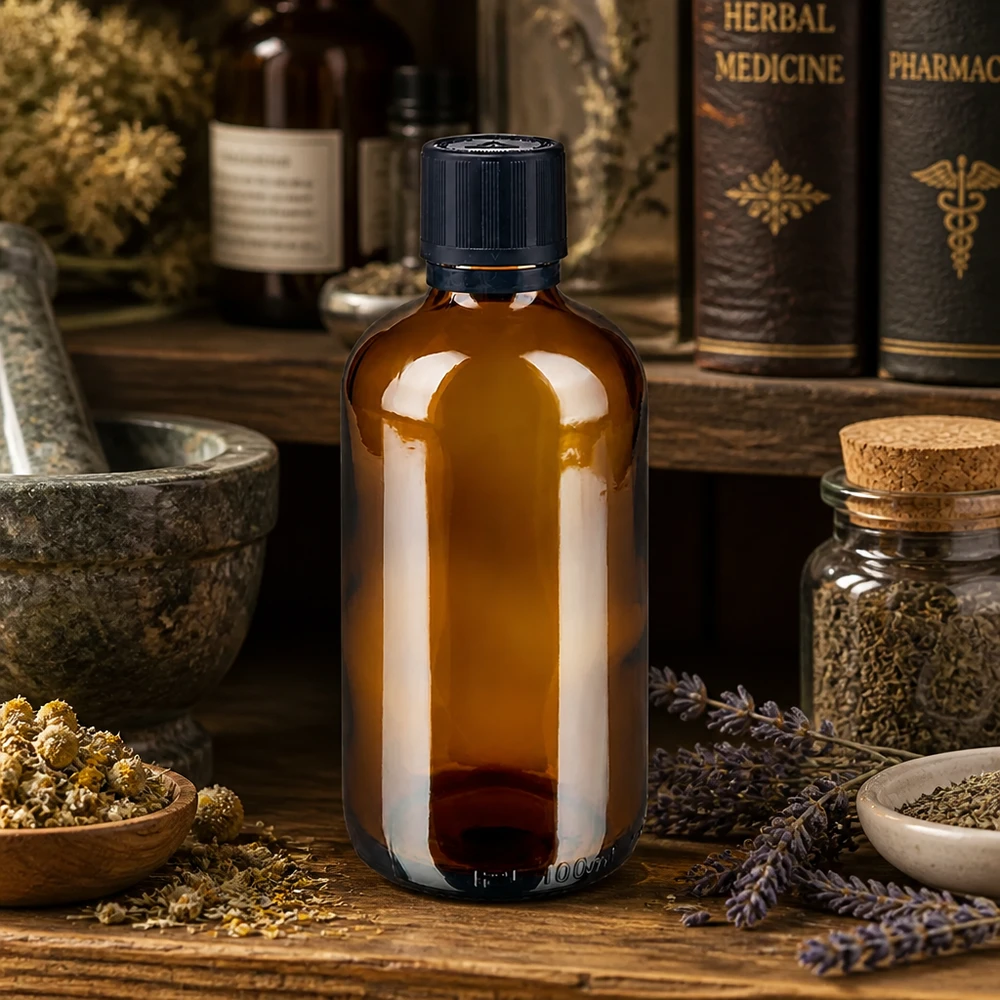 Kleine druppelfles van 100 ml van bruin glas met een zwarte kindveilige sluiting bij Kräuterapotheke