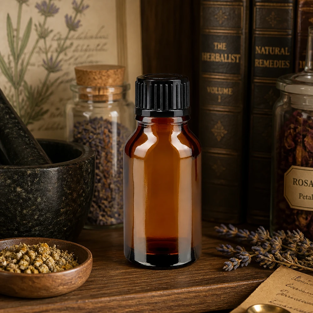 Bruine glazen fles 15ml met zwart druppelsluiting 1mm St Hervulbare bruine glazen fles van 15 ml met kindveilige druppeldop voor plantenextracten