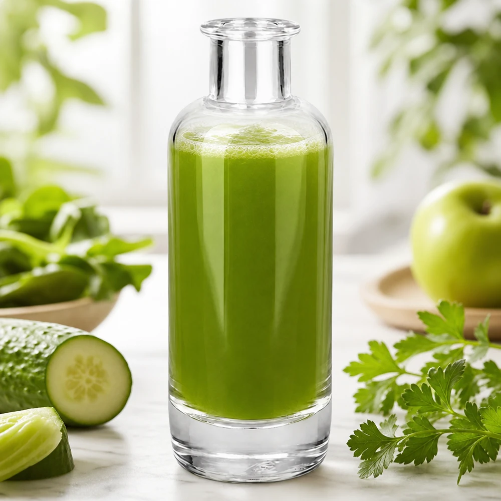 200 ml apothekersfles Ella gevuld met groene smoothie toont toepassing voor dranken en cosmetica