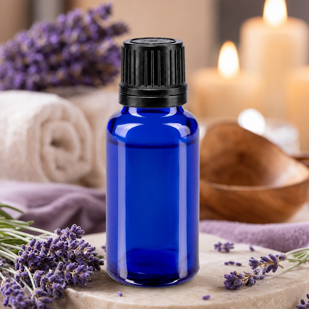 Blauwe glazen flessen 20ml met zwart schroefsluiting gietring VR Kobaltblauw apothekersglasflesje van 20 ml met een opening van 8 mm voor lavendelolie en essences
