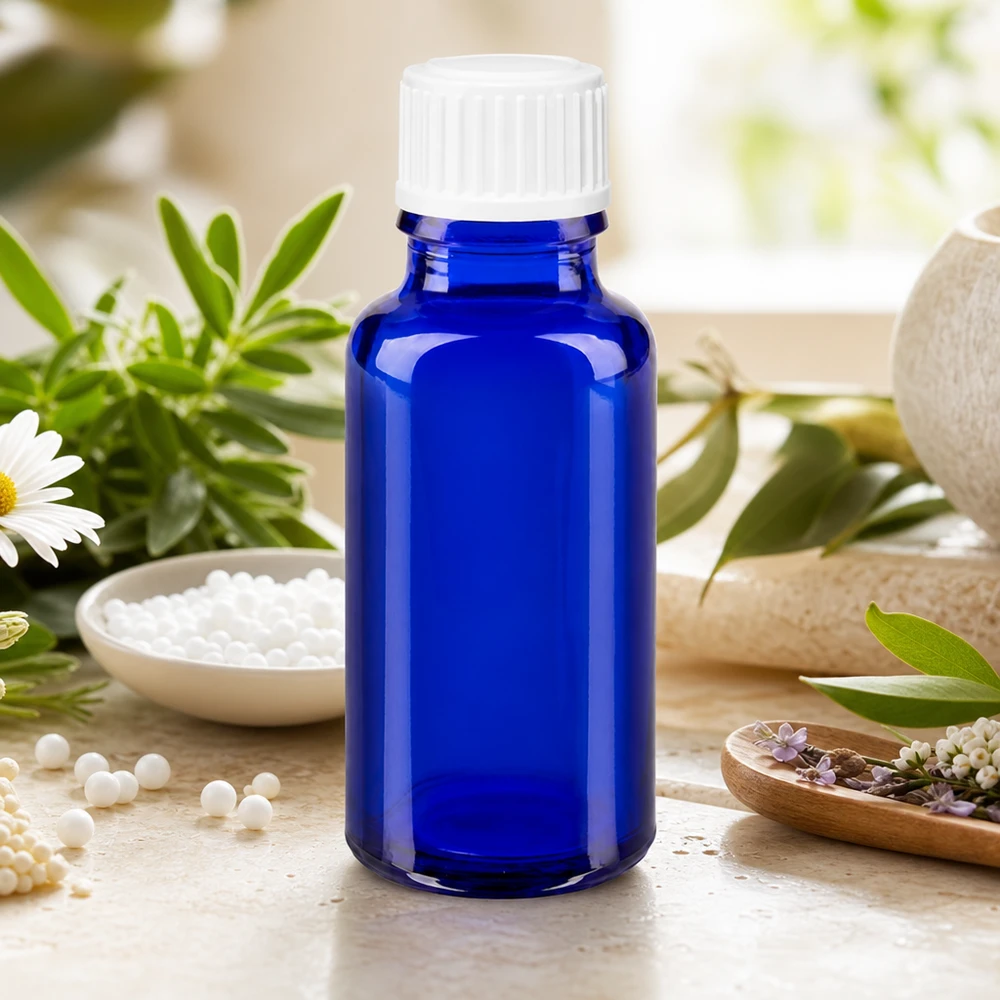 Blauwe glazen flessen 20ml met wit schroefsluiting globuli uitgietring St Blauw glazen flesje van 20 ml voor homeopathische globuli, met smalle hals en veiligheidsdop