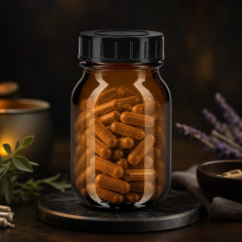 Apothekersfles 75ml gemaakt van UV-beschermend amberkleurig glas met luchtdichte zwarte dop