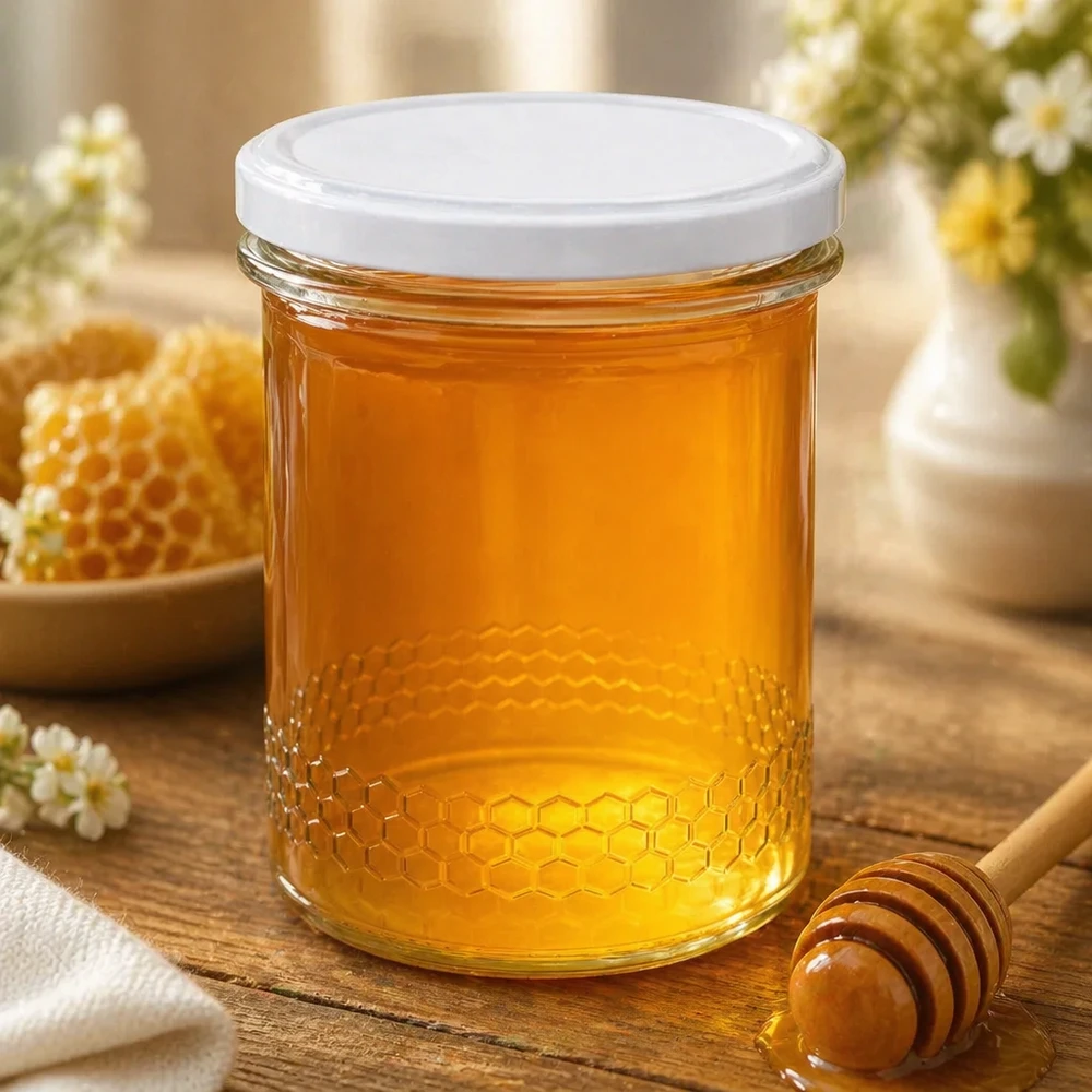 Honingpot 560 g met witte BasicSeal UNiTWIST-deksel 400ml honingpot gevuld met gouden honing naast honinglepel en honingraat natuurlijke keukenscène honingraatpatroon