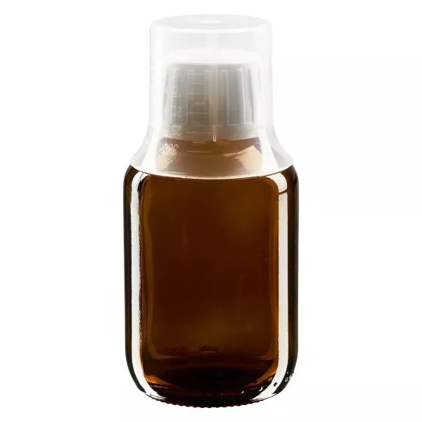 100 ml Euro-medicijnflessen met witte schroefsluiting en doseerbeker 30ml 100 ml Euro-medicijnflessen met witte schroefsluiting en doseerbeker 30ml
