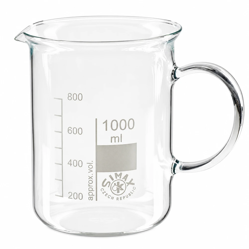 Doorzichtig laboratoriumglas van 1 liter met handvat, maatverdeling van 200 tot 800 ml, borosilicaatglas
