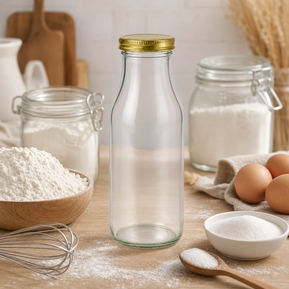 263ml fles met BioSeal deksel goud UNiTWIST UNiTWIST Bottle263 mit goldenem TO43 BioSeal Deckel als stylische Backzutat-Aufbewahrung zwischen Mehl und Eiern