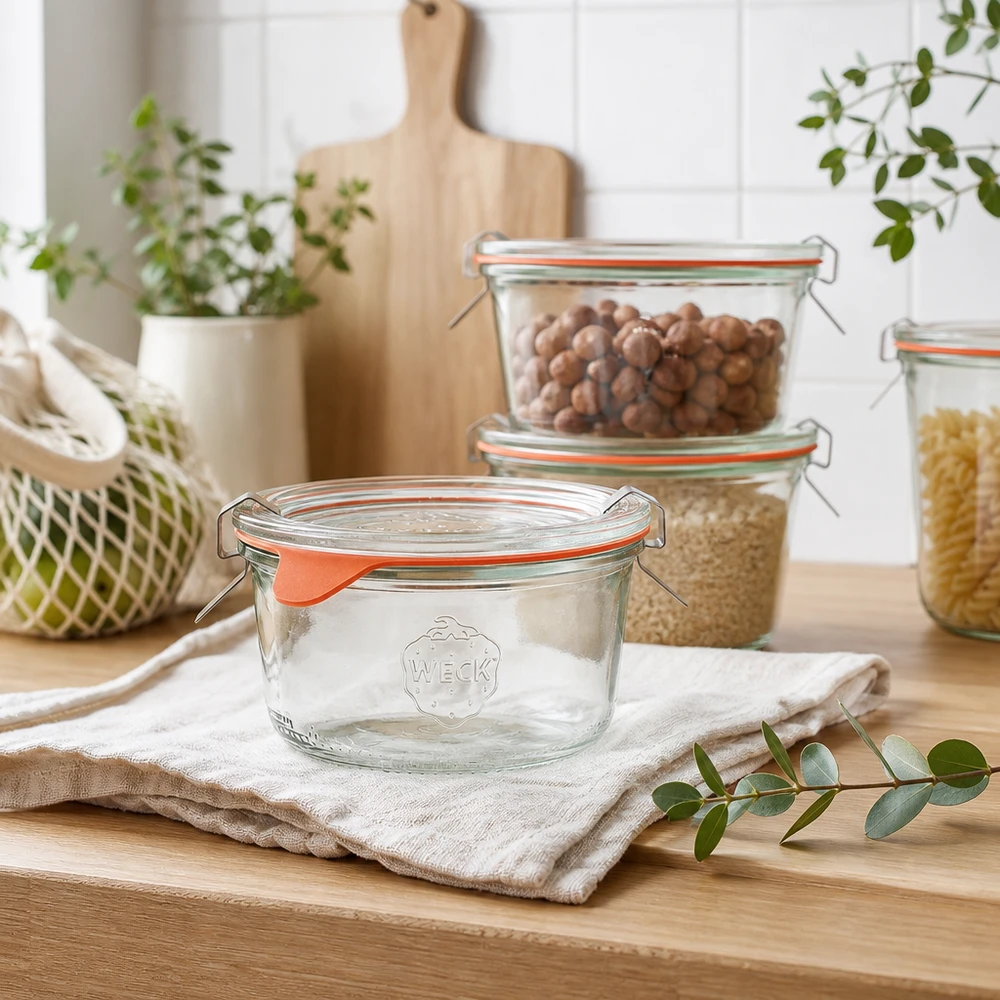 WECK RR80 bekers van 165 ml in een moderne keuken met voorraadpotten vol noten en ontbijtgranen op een houten werkblad