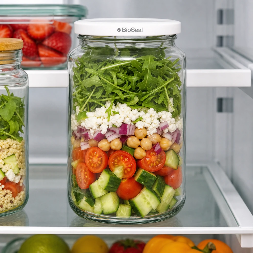 382ml rond glas met BioSeal deksel wit UNiTWIST UNiTWIST Runda382 Salade in laagjes in de koelkast - Maaltijdpot met verse groenten en wit BioSeal deksel