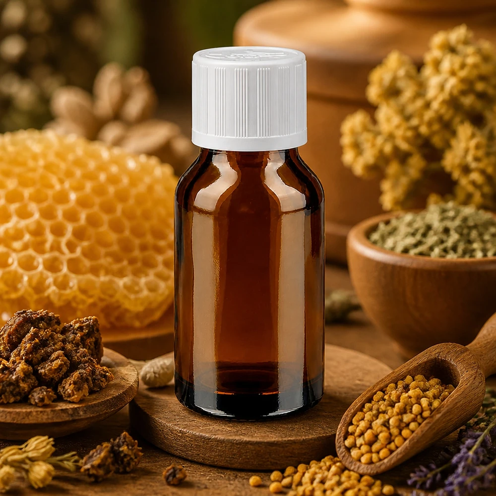 Flesje van 30 ml van lichtwerend bruin glas met KiSi-dop, ideaal voor propolis-extracten