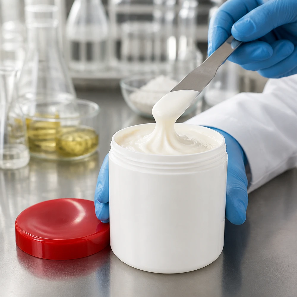 Zalfpot 30 g wit met rood schroefdeksel (PP) Een witte pot met een inhoud van 30 g vullen met een romige substantie en een roestvrijstalen spatel