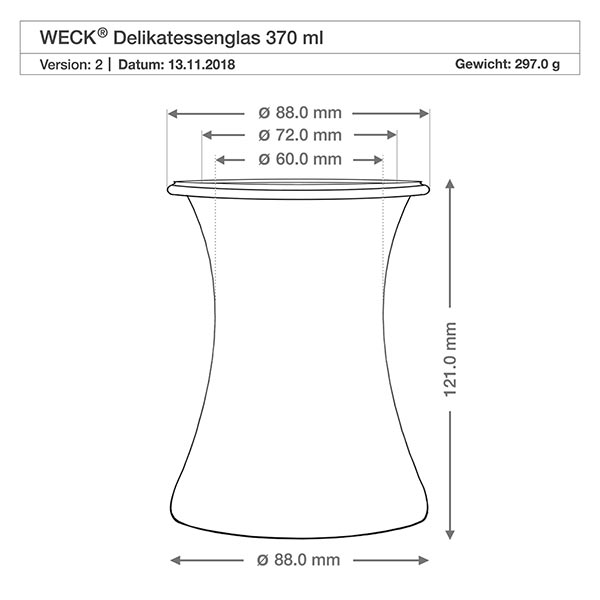 370 ml delicatessenpot, compleet WECK RR80 WECK Delikatessengl 370ml RR80 technische tekening Afmetingen Diameter Hoogte Productspecificatie