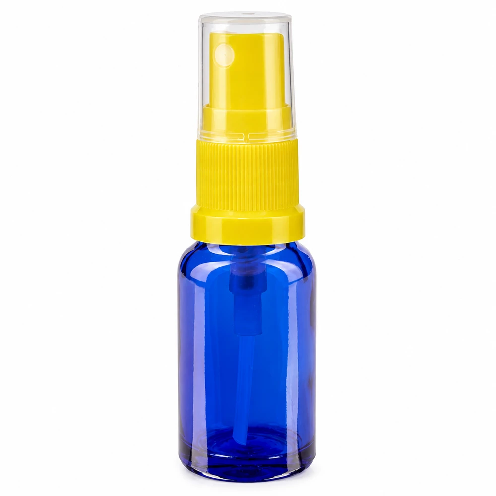 Kobaltblauwe glazen fles van 30 ml met een gele fijne verstuiver voor farmaceutische toepassingen