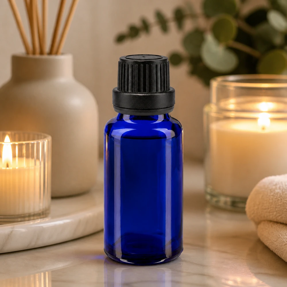 Blauwe glazen flessen 20ml met zwart schroefsluiting VR Blauw glazen flesje van 20 ml met zwarte OV-sluiting van 11 mm, geschikt voor kaarsen en diffusers
