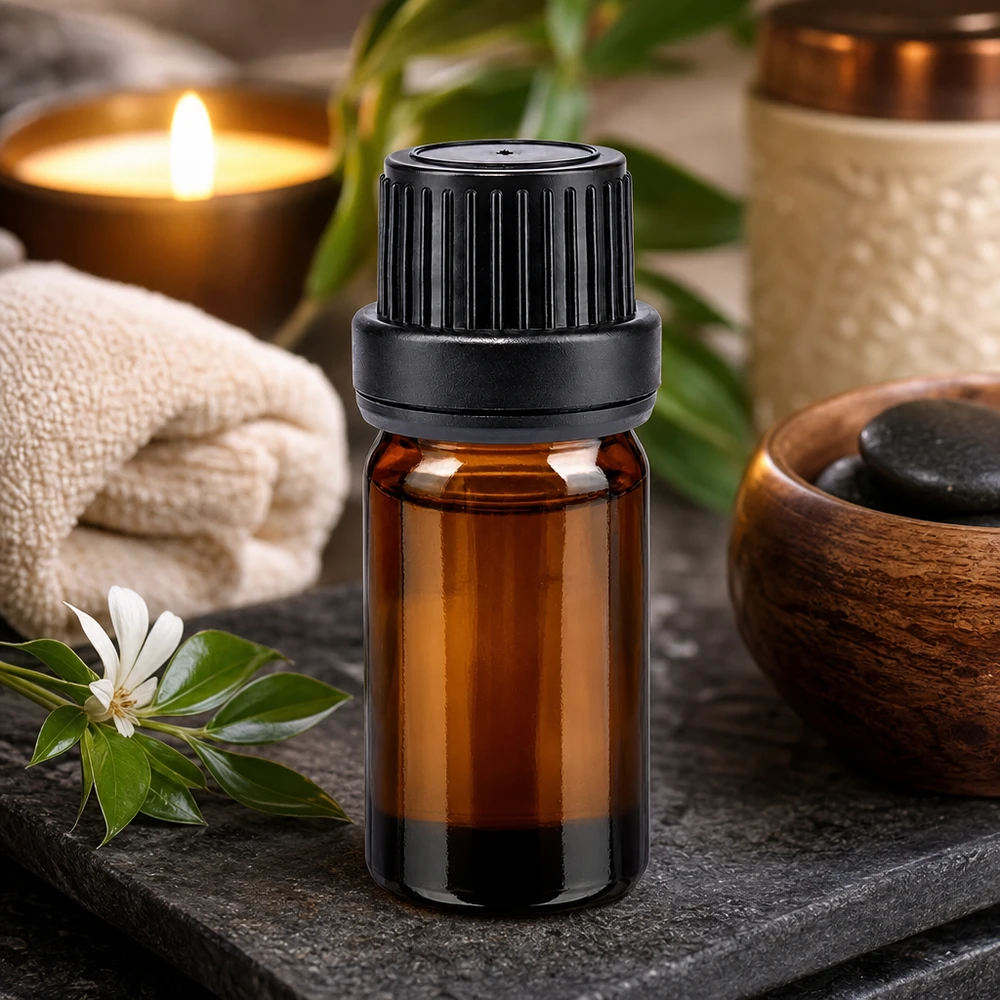 Bruine glazen fles 5ml met zwart schroefsluiting dicht. VR Lichtbestendige fles van 5 ml, bruin glas met zwarte originaliteitssluiting van 11 mm voor wellnessproducten