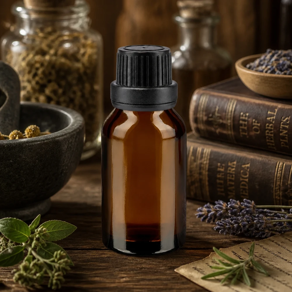 Bruine glazen fles 30ml met zwart schroefsluiting dicht. VR Bruinglasflesje van 30 ml met zwarte originaliteitssluiting van 11 mm in een voor apotheken kenmerkende kruidenopstelling