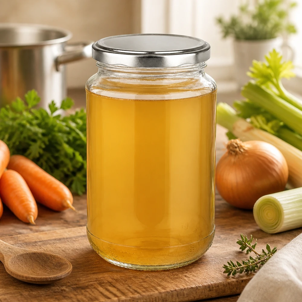 Goudgele kippenbouillon, luchtdicht bewaard in een rond glazen potje van 320 ml met een zilveren BasicSeal-deksel