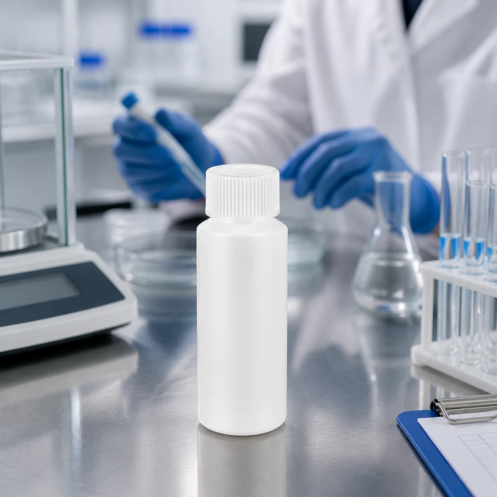 Voedselveilige ronde HDPE-fles van 30 ml, wit met wit SV-label, voor chemische laboratoriumstoffen