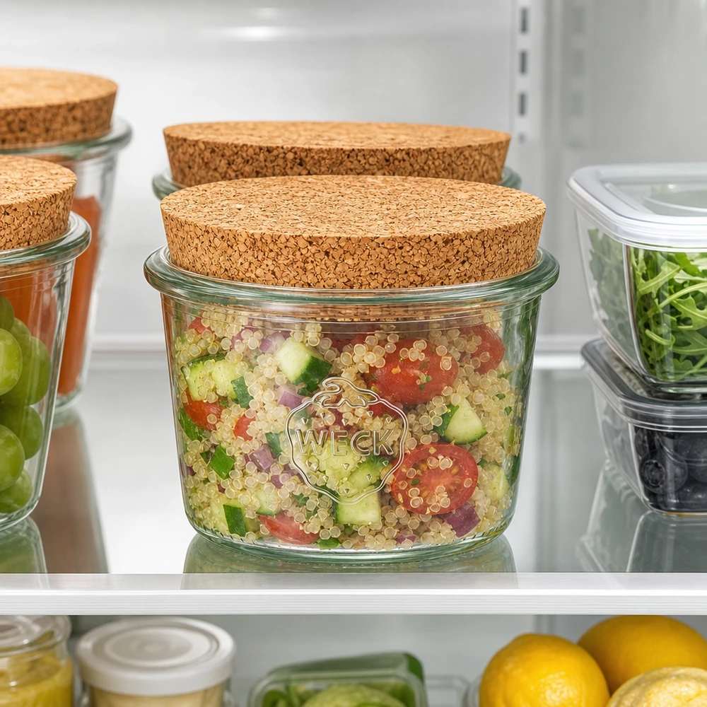 WECK 80ml RR60 mason jar met kurk in de koelkast voor het bewaren van quinoa salade en vers voedsel