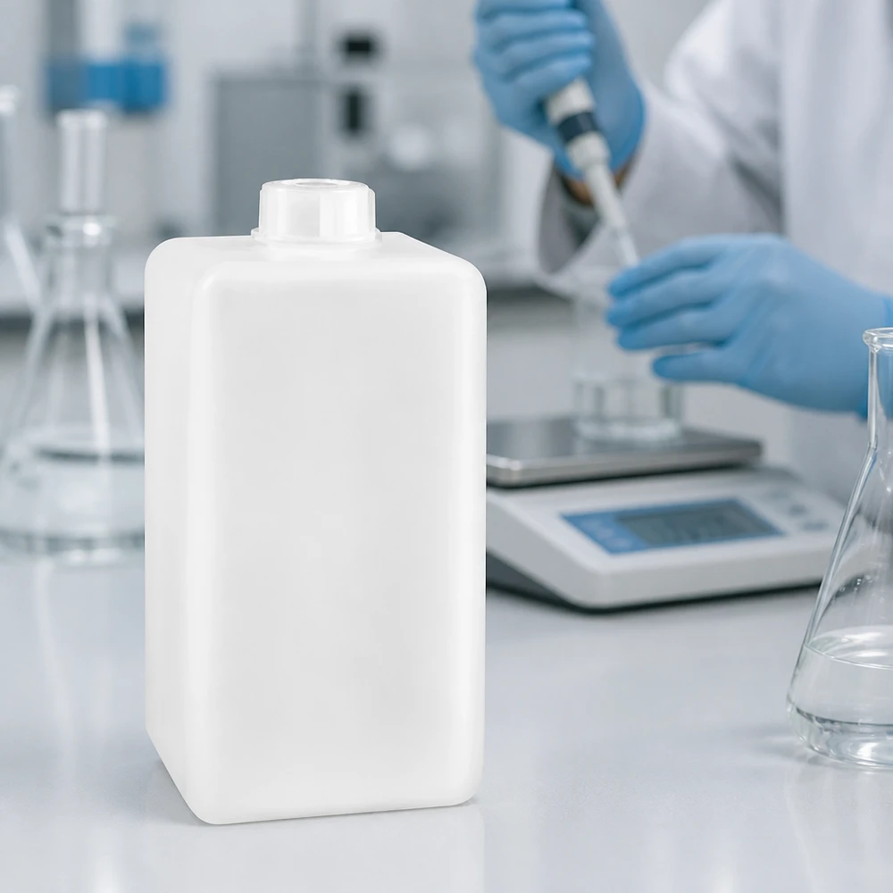 Grote chemische fles van PE-HD, 1500 ml, met smalle hals voor nauwkeurig vullen in een laboratoriumomgeving