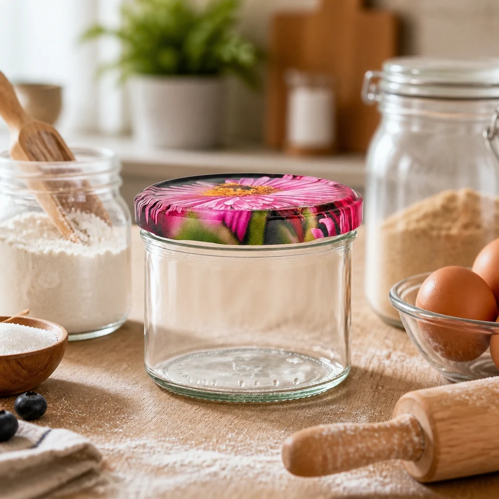 230ml cilindrische pot met BasicSeal deksel Bloemen decor UNiTWIST 230ml cilinderpot met BasicSeal bloemdeksel in keuken tussen bakingrediënten eieren bloem rustiek keukentafereel