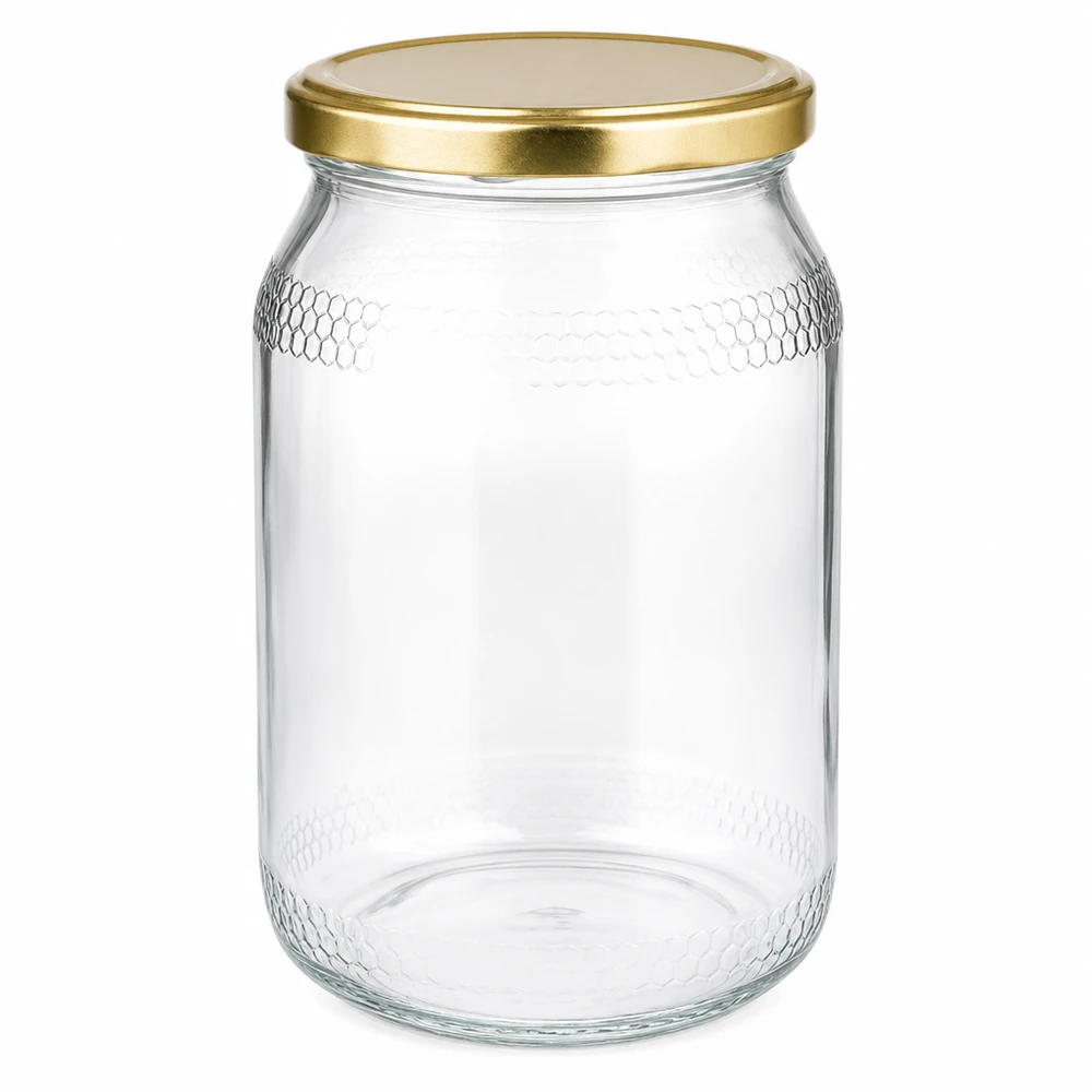 900 ml honingpot met gouden BasicSeal UNiTWIST deksel - lege glazen pot voor honing met honingraatmotief