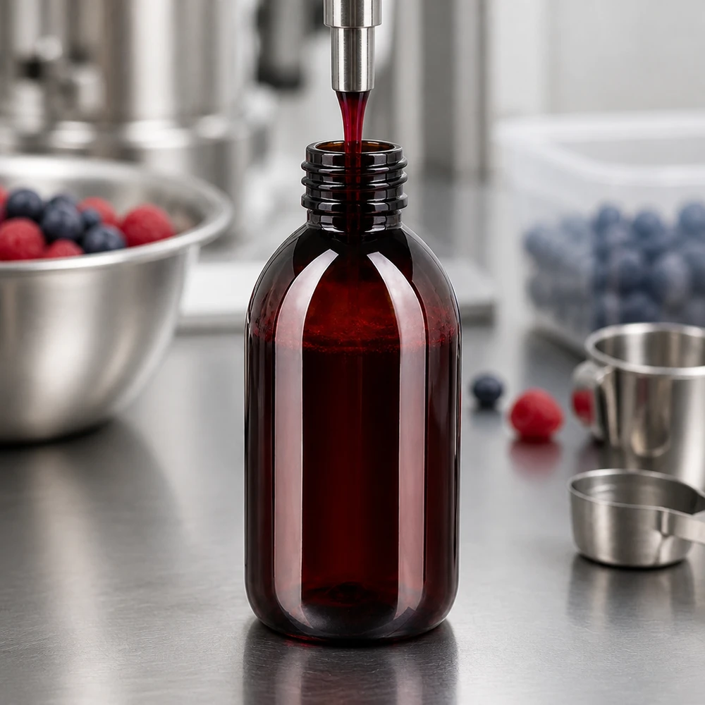 UV-schützende PET Flasche 250ml braun für Sirupabfüllung in Lebensmittelproduktion mit Standardverschluss