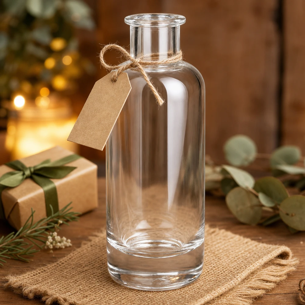 200ml glazen fles Ella leeg met cadeaulabel en jute lint als kerstcadeau gedecoreerd op hout
