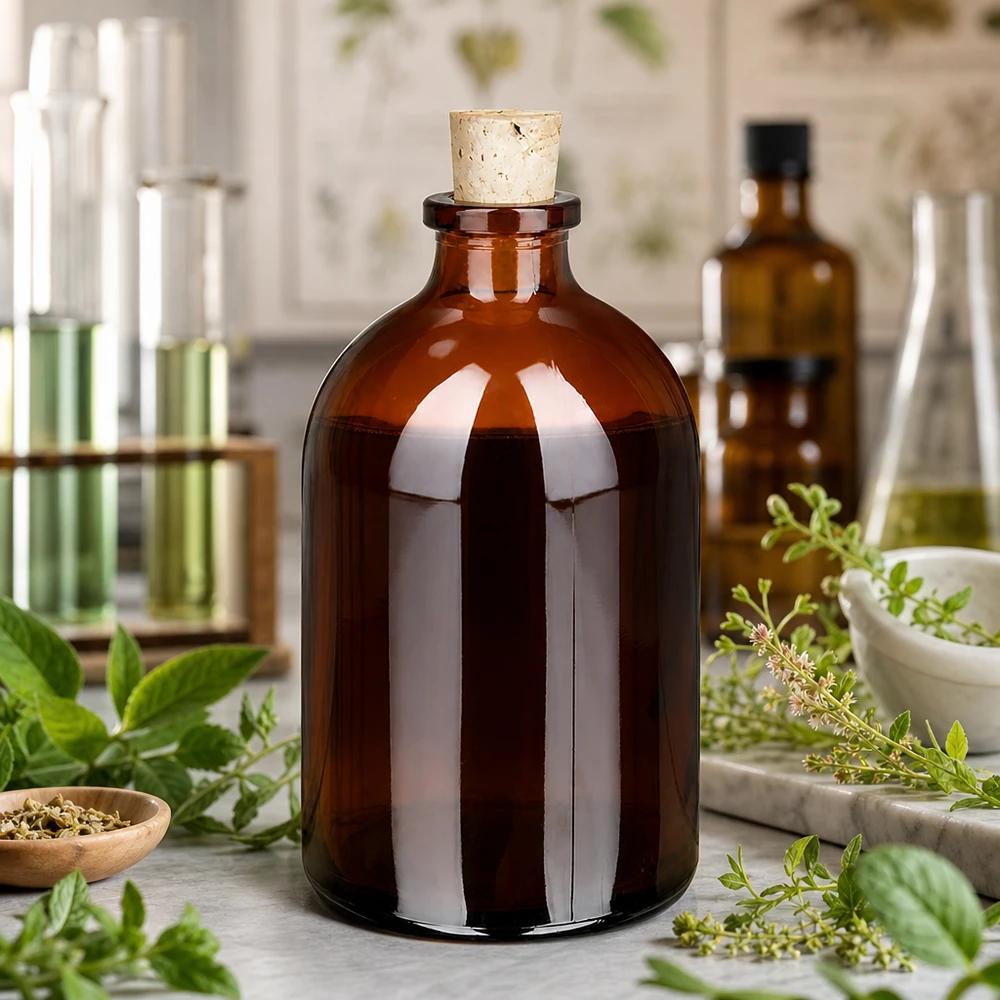 Injectiefles bruin glas 100ml met kurk 11/14mm Rundbodenflasche 100ml Braunglas mit Korkdurchmesser 11/14mm neben Mörser und Kräuterextrakten