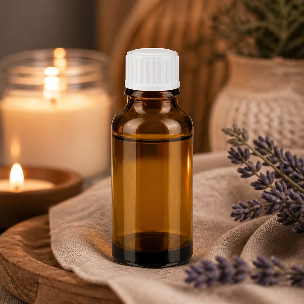 Hoogwaardig apothekersglasflesje van 20 ml met wit STD-inzetstuk voor natuurlijke cosmetica