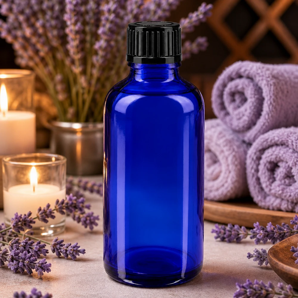 Blauwe glazen flessen 50ml met zwart schroefsluiting St Klein blauw apothekersflesje van 50 ml met kindveilige sluiting, zwart, 11 mm, standaard