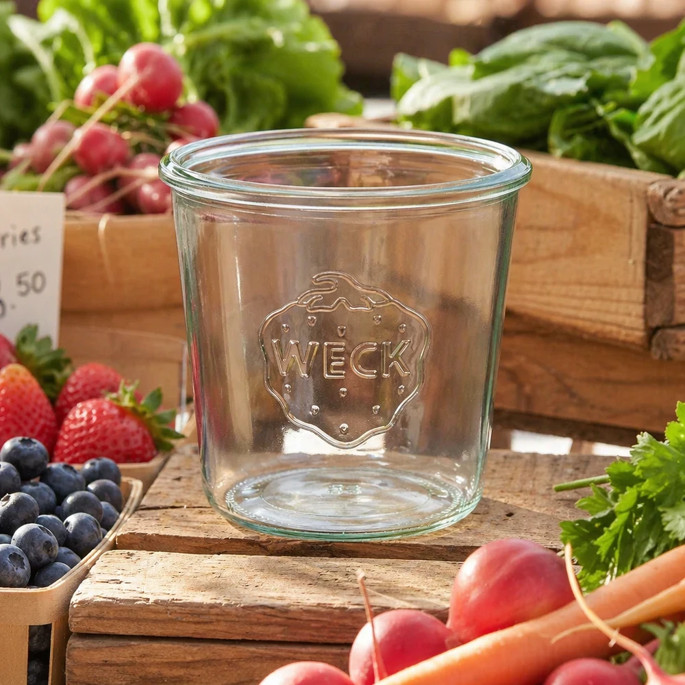 580ml WECK RR100 inmaakpot op houten plank met verse groenten en fruit van de markt