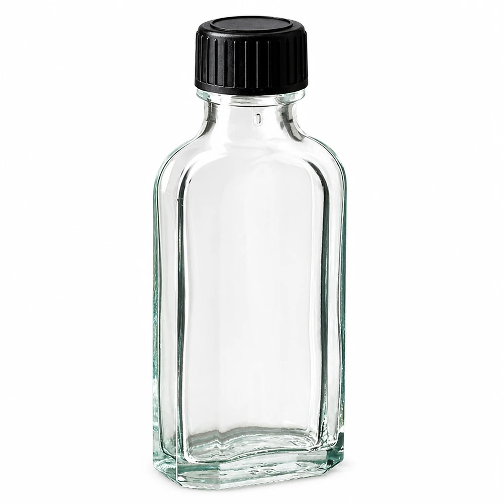 50 ml witte meplatfles met DIN 22 monding, inclusief schroefsluiting DIN 22 zwart van LKD Lege rechthoekige glazen fles van 50 ml, helder, ideaal voor oliën, essences en parfum