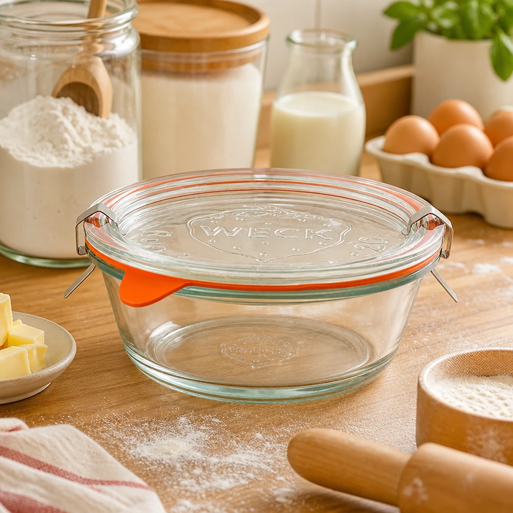 WECK gourmetpot 300ml RR120 in bakkeuken met bakingrediënten, bloem, eieren en melk, veelzijdige keukenpot