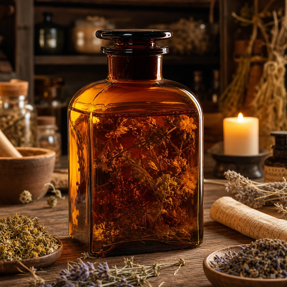 Antieke bruine apothekersfles van 500 ml, vierkant, voor kruidentincturen en oliën