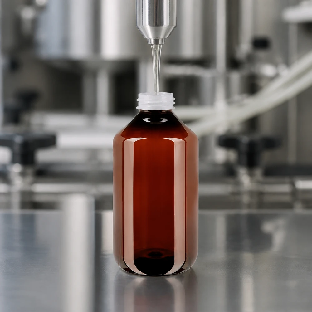 Farmaceutische ronde PET-fles van 500 ml met geribbelde OV-sluiting, wit tijdens het afvulproces