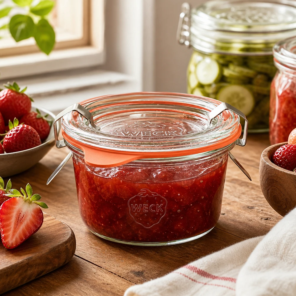 WECK 50ml RR60 bekers in keuken gevuld met zelfgemaakte aardbeienjam naast verse aardbeien op houten plank