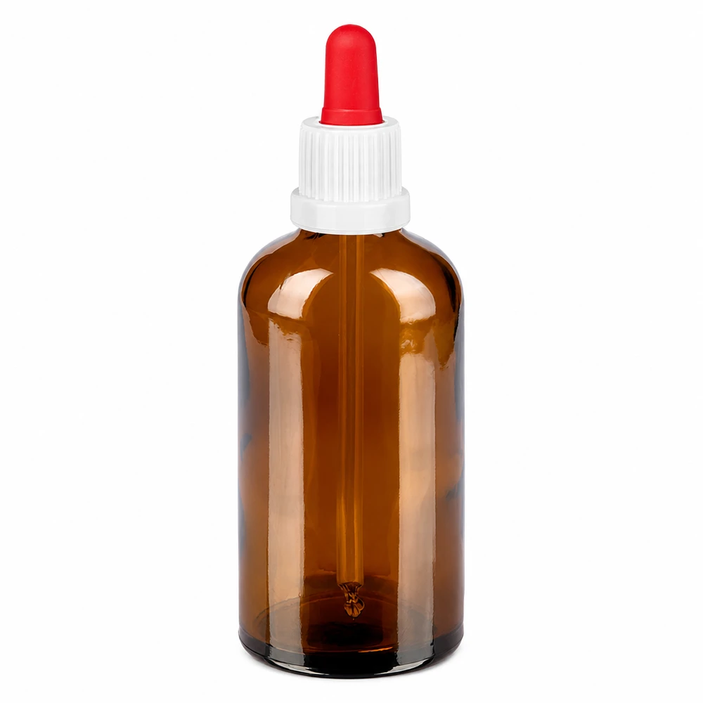 UV-beschermende glazen fles 100ml met pipetdop wit-rood voor gevoelige stoffen