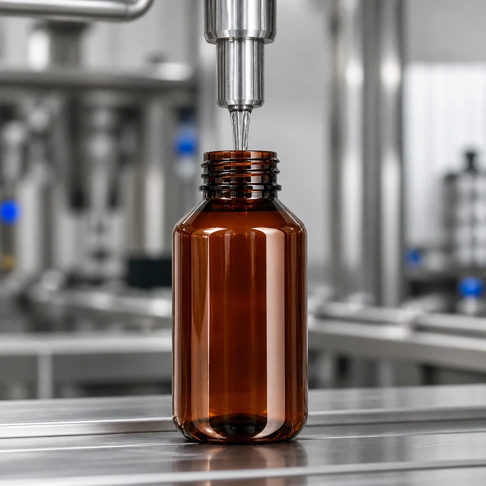 Geautomatiseerde productielijn vult bruine PET-flessen van 100 ml met OV-sluiting