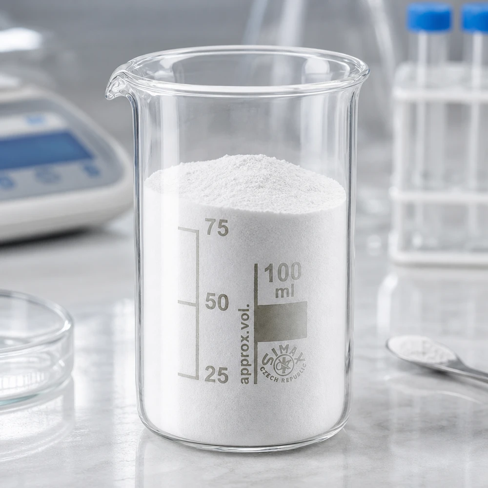 Doorzichtig borosilicaatglas, 100 ml, hoge vorm, gevuld met een flinke hoeveelheid wit poeder in het laboratorium