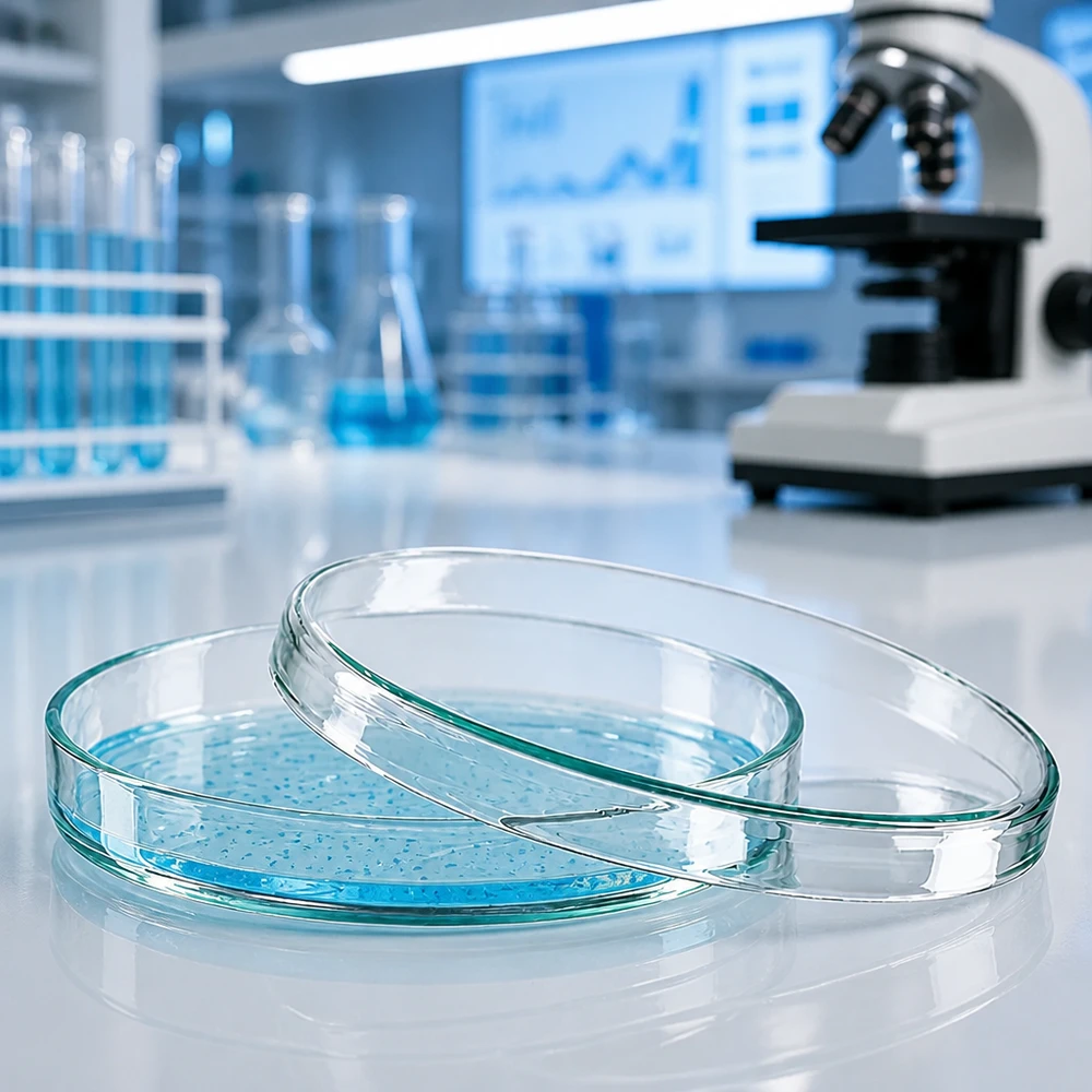 Petrischaal 100x15 mm van glas Glazen petrischaal van 100 x 15 mm voor celkweek met blauwe agar op een wit laboratoriumblad