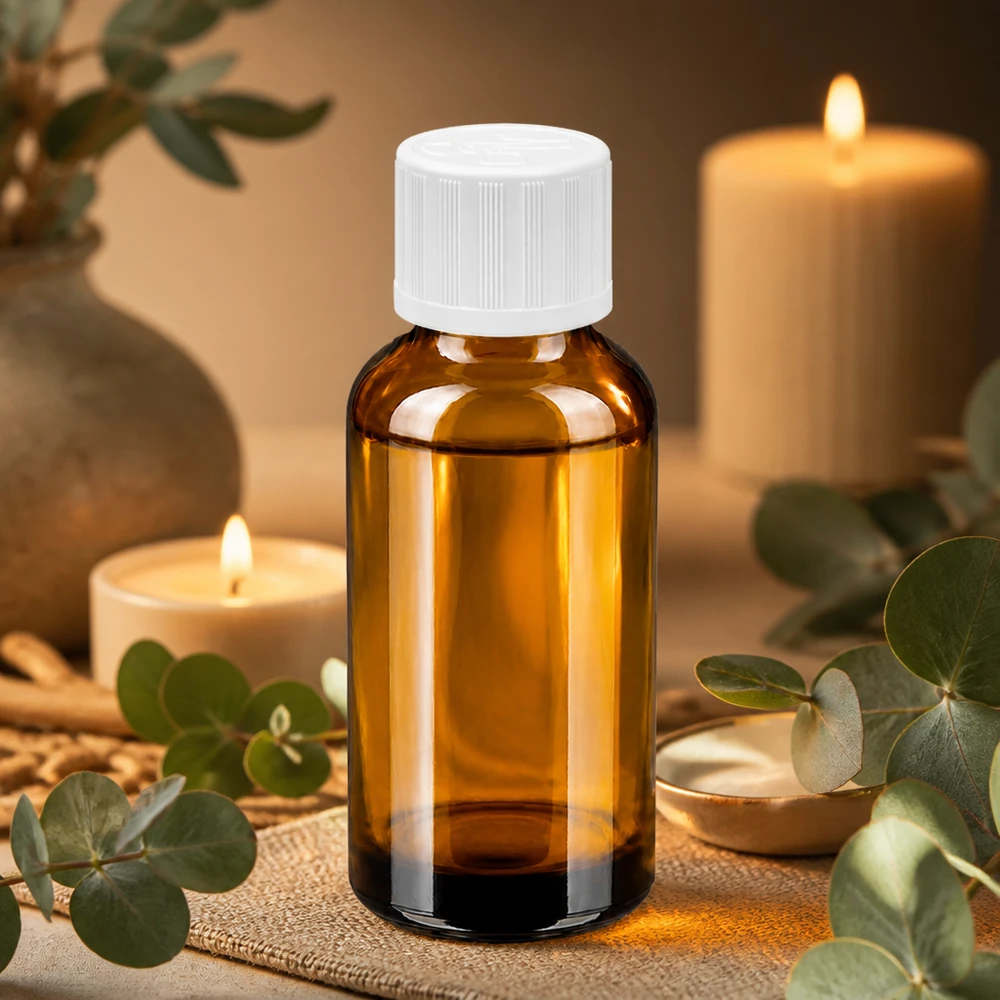 Compacte amberkleurige glazen fles van 30 ml met standaard schroefdraad voor cosmetica en natuurgeneeskunde