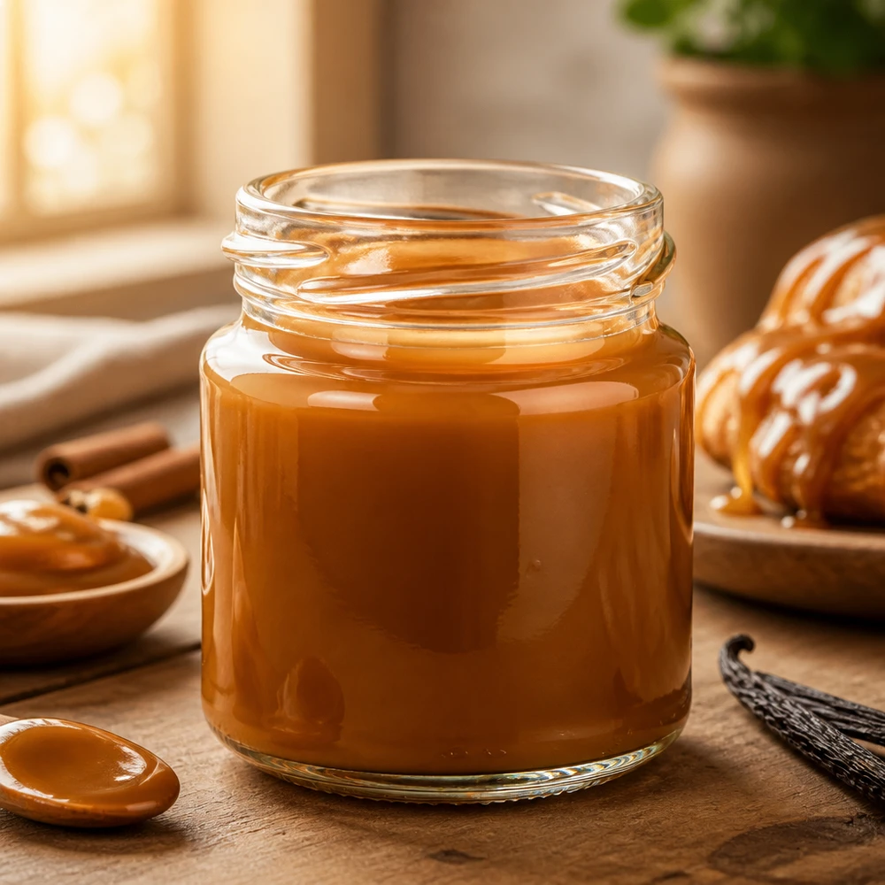 Runda53, een glazen potje van 53 ml (TO43), gevuld met warme karamel, naast een croissant als zoete bijgerecht