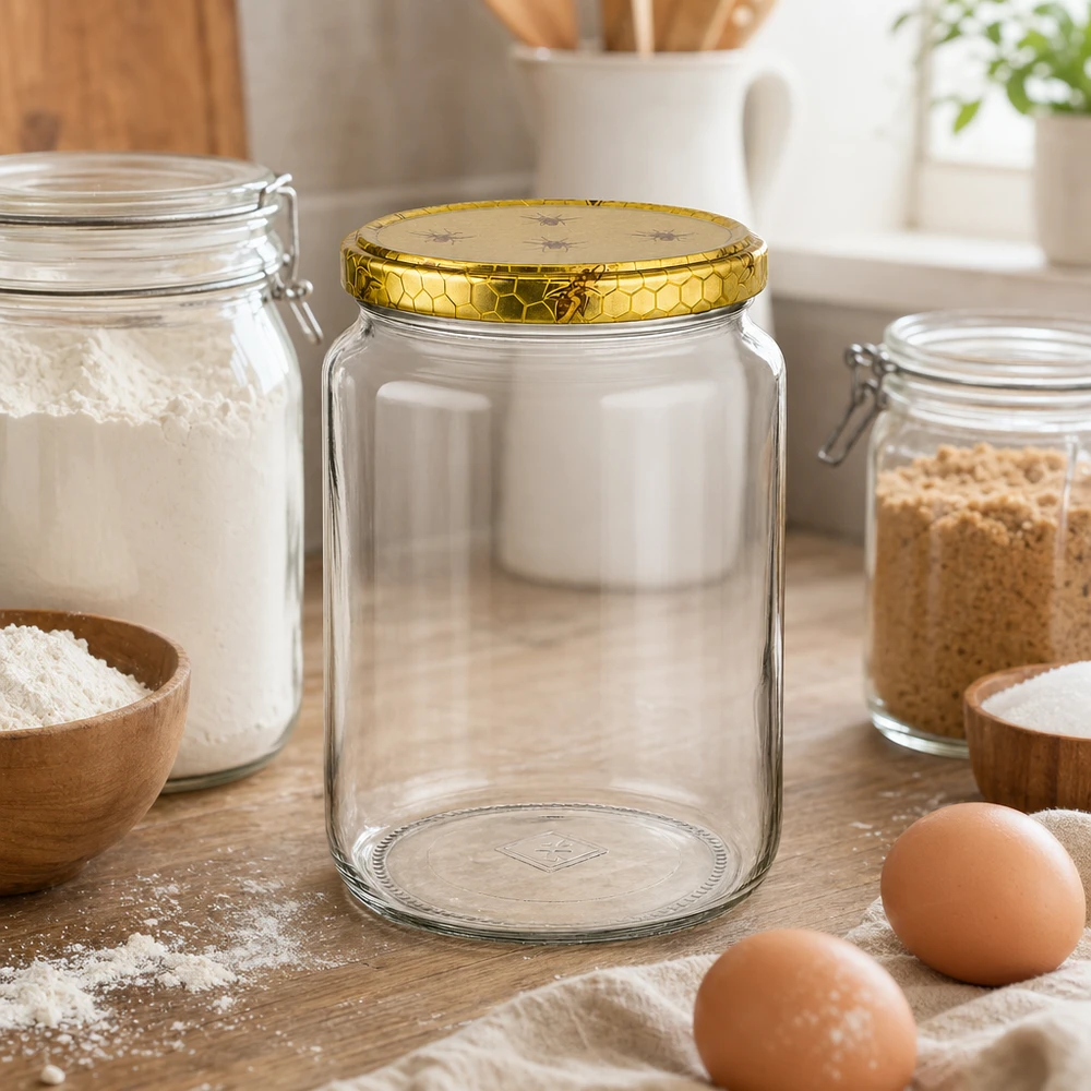 1000g honingpot met honingraatdeksel naast bloem, eieren en bakingrediënten op houten werkblad Keukenscène Bijenteelt