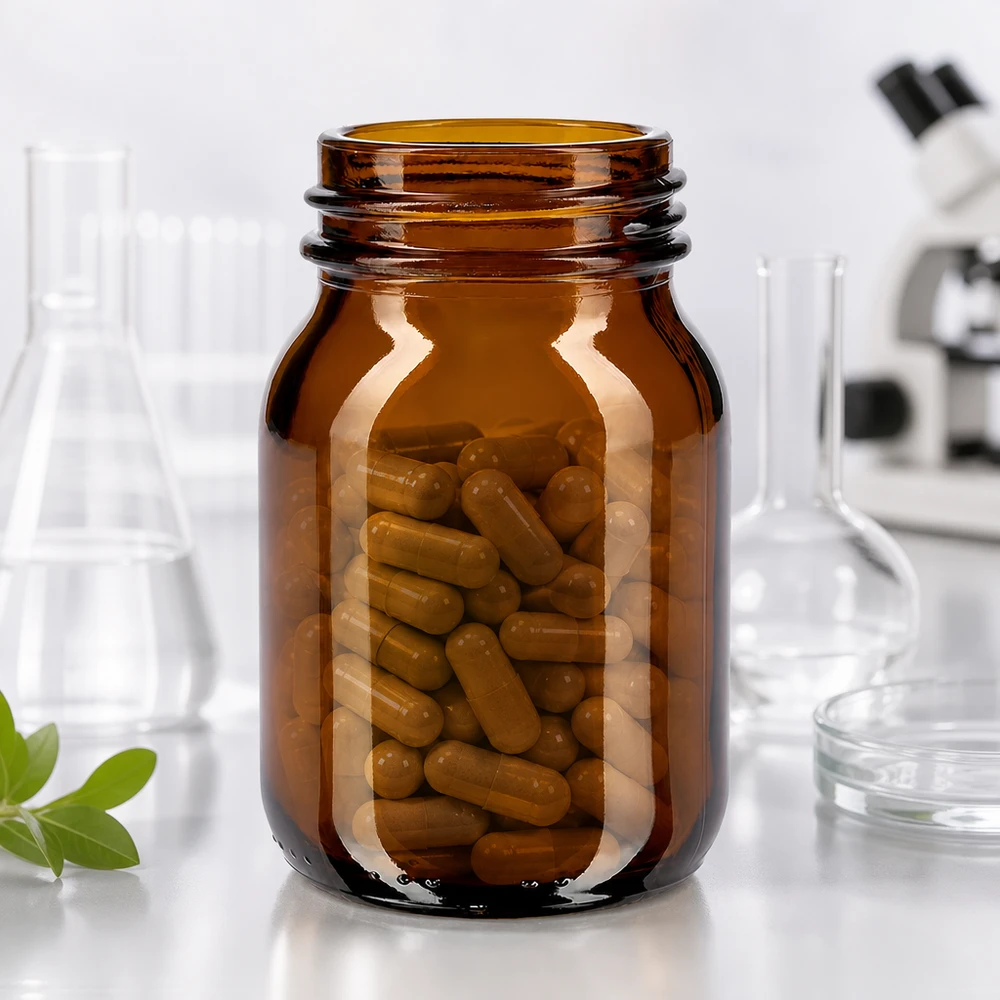 Compacte amberkleurige glazen apothekersfles van 75 ml met brede opening voor medicijnen