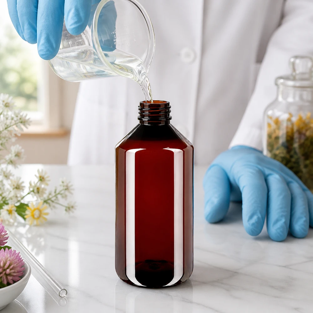 PET fles 750ml met blauwe verzegelstop Bruine PET-fles met brede hals van 750 ml en een fraudebestendige sluiting in gebruik