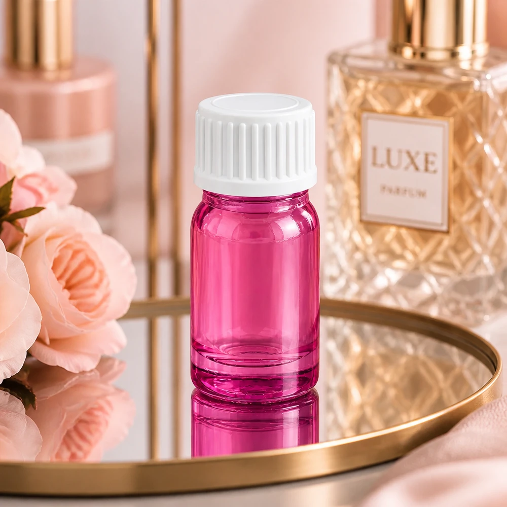 5 ml flesje van robuust glas in roze kleur met witte schroefdop voor monsterporties
